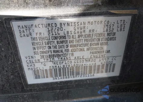 2021 Nissan Sentra S Xtronic Cvt z USA, uszkodzony, nr VIN 3N1AB8BV8MY231118